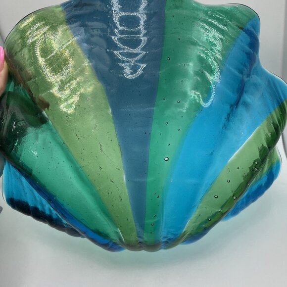Vintage Blown Art Glass Clamshell Green Blue Bowl Dish MCM Shell Aquatic Ocean - Picture 8 of 10